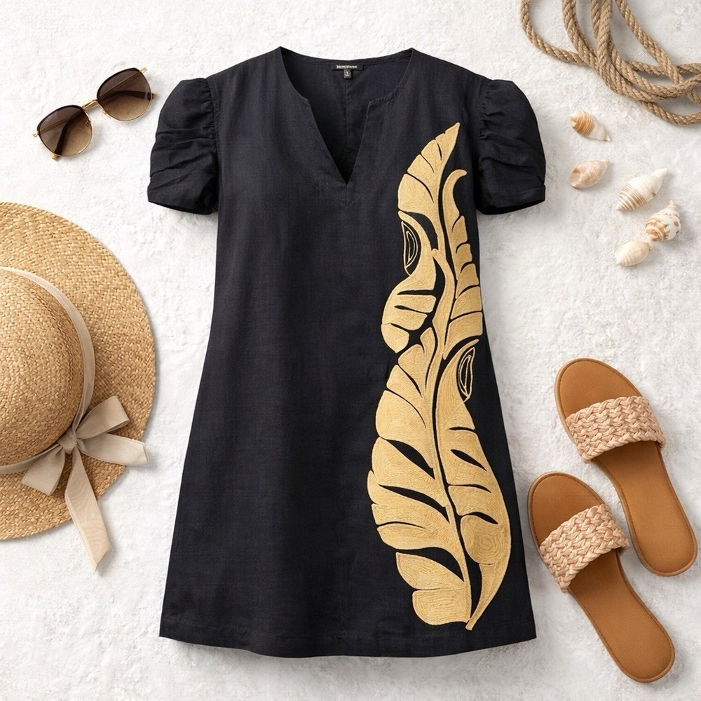 Banana Republic Black Mini Dress with Gold Leaf Motif